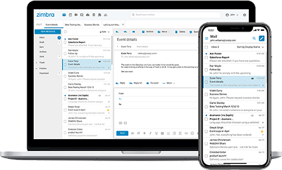 Zimbra interface shown on desktop and mobile devices